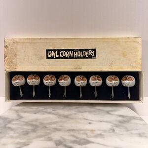 Vintage '72 Fitz & Floyd Owl Corn Holders 4 Pair Japan Pottery whimsical w/ box